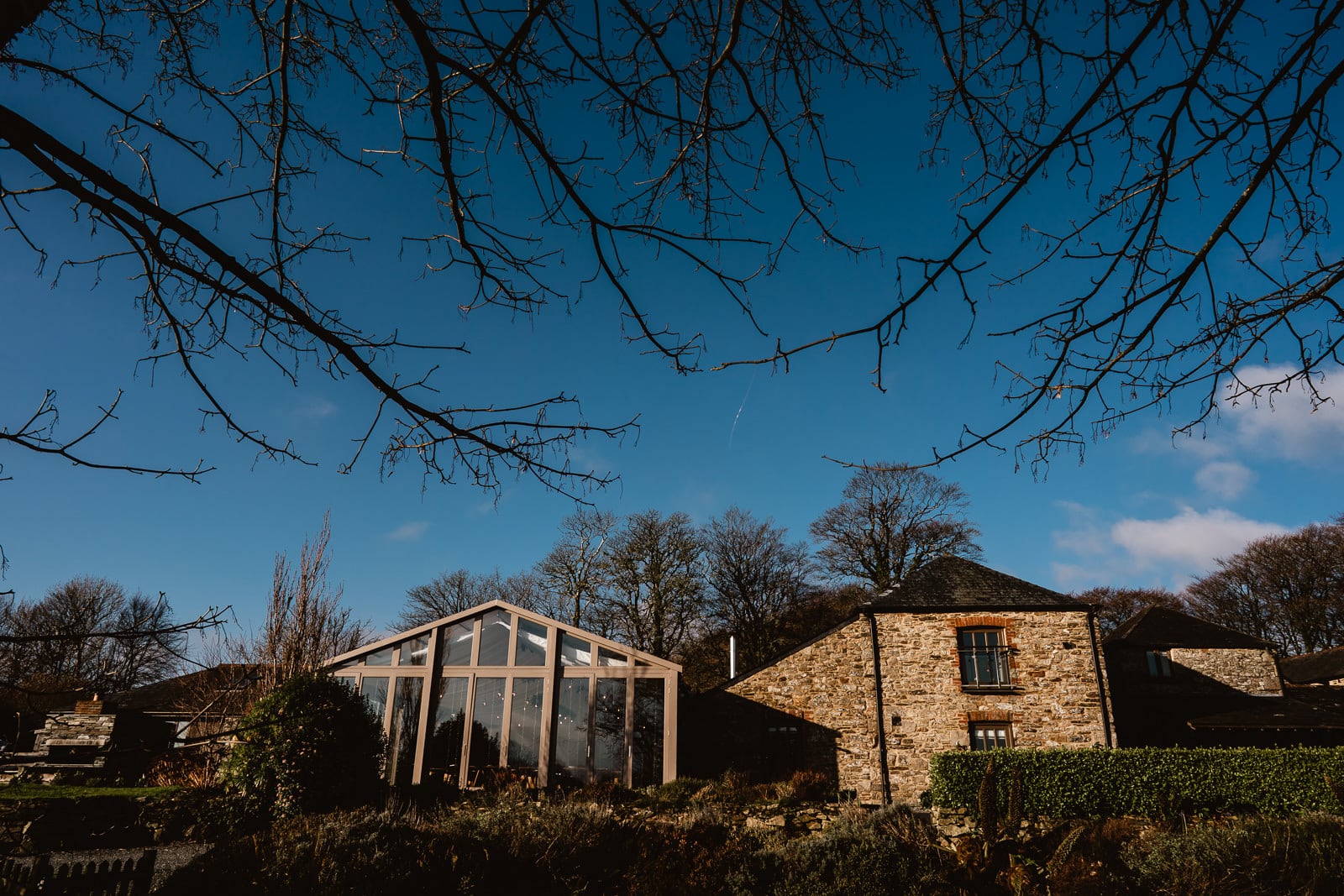 The Threshing Barn and Garden Venue room at Trevenna Barns Wedding Venue, in the early morning winter light